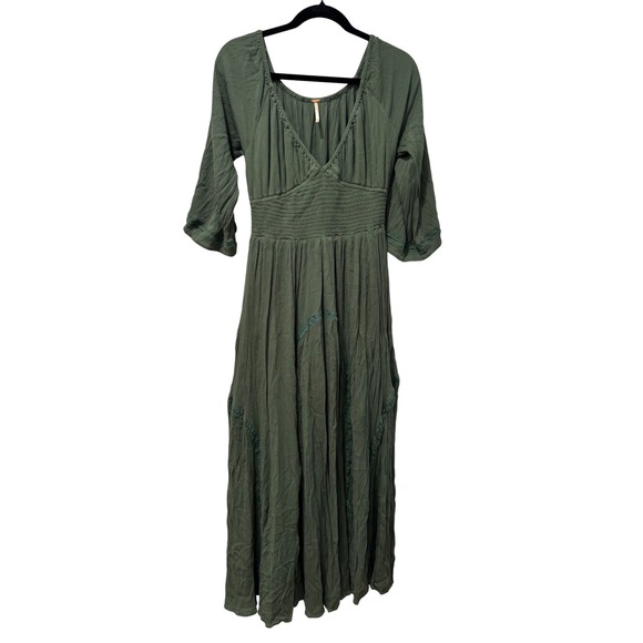 Free People Dresses & Skirts - Free People Dixie Olive Green Gauze Smocked V-Neck Boho Maxi Dress Small